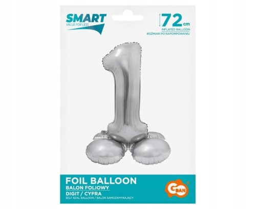 BALON foliowy SMART cyfra 1 SREBRNA duża STOJĄCA 72 cm
