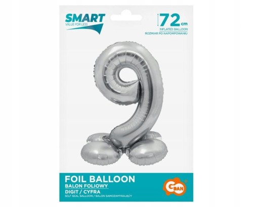 BALON foliowy SMART cyfra 9 SREBRNA duża STOJĄCA 72 cm
