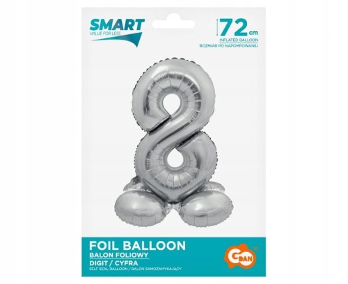 BALON foliowy SMART cyfra 8 SREBRNA duża STOJĄCA 72 cm