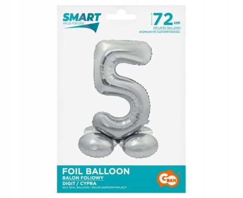 BALON foliowy SMART cyfra 5 SREBRNA duża STOJĄCA 72 cm