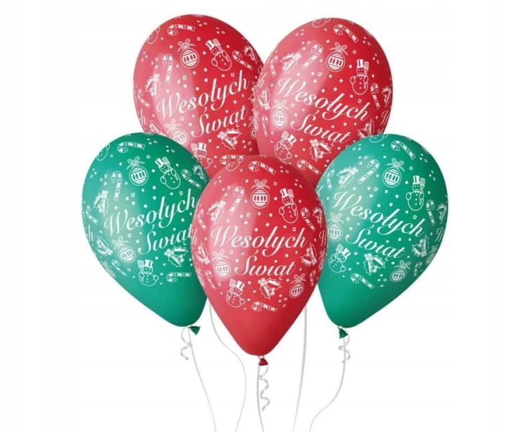 Balony nadruk Wesołych Świąt Boże Narodzenie 5 sztuk na hel powietrze