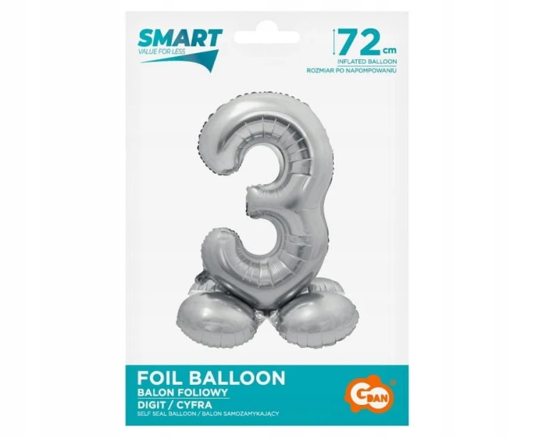 BALON foliowy SMART cyfra 3 SREBRNA duża STOJĄCA 72 cm
