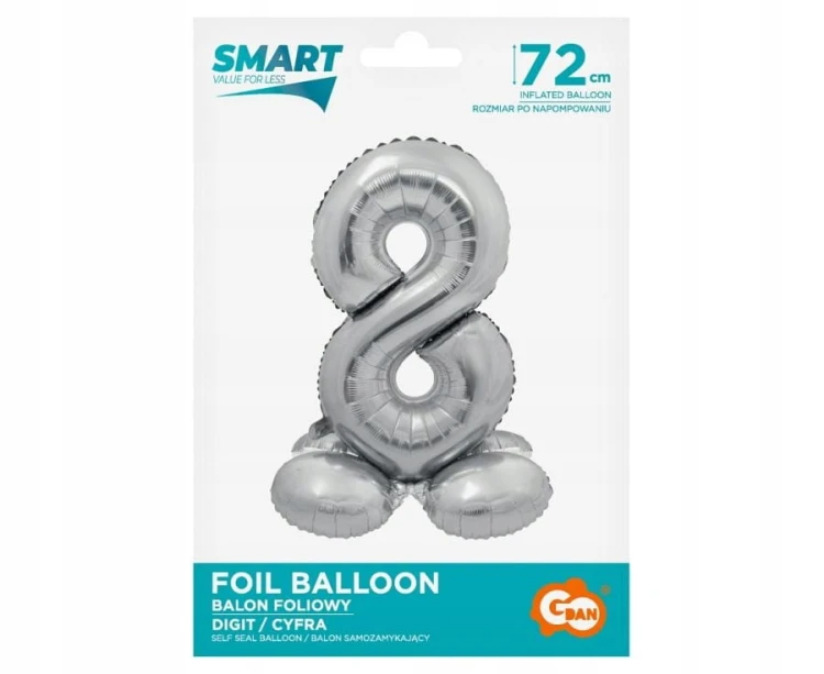 BALON foliowy SMART cyfra 8 SREBRNA duża STOJĄCA 72 cm