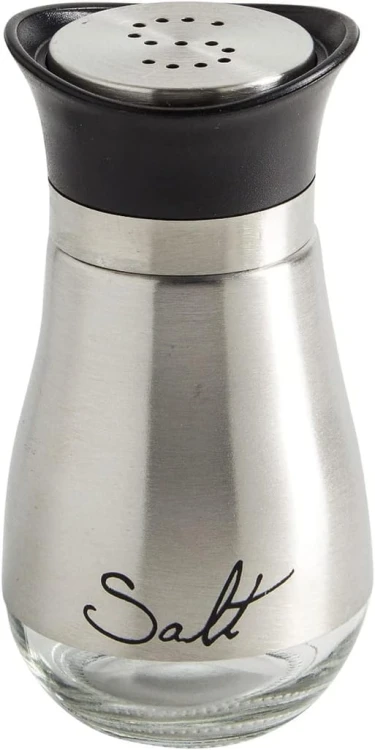 Solniczka i pieprzniczka szklany zestaw ze stojakiem INOX stal szczotkowana
