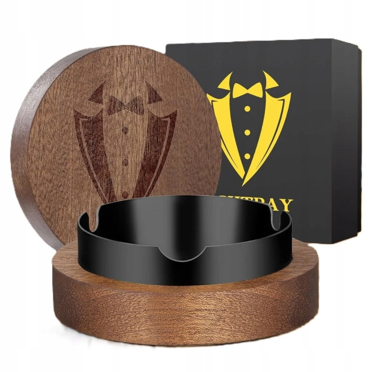Popielniczka metalowa z drewnem prezent urodziny dzień ojca świadek czarna