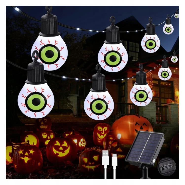 Girlanda solarna LED Halloween Oczy 10m 100 diod lampki wiszące łańcuch