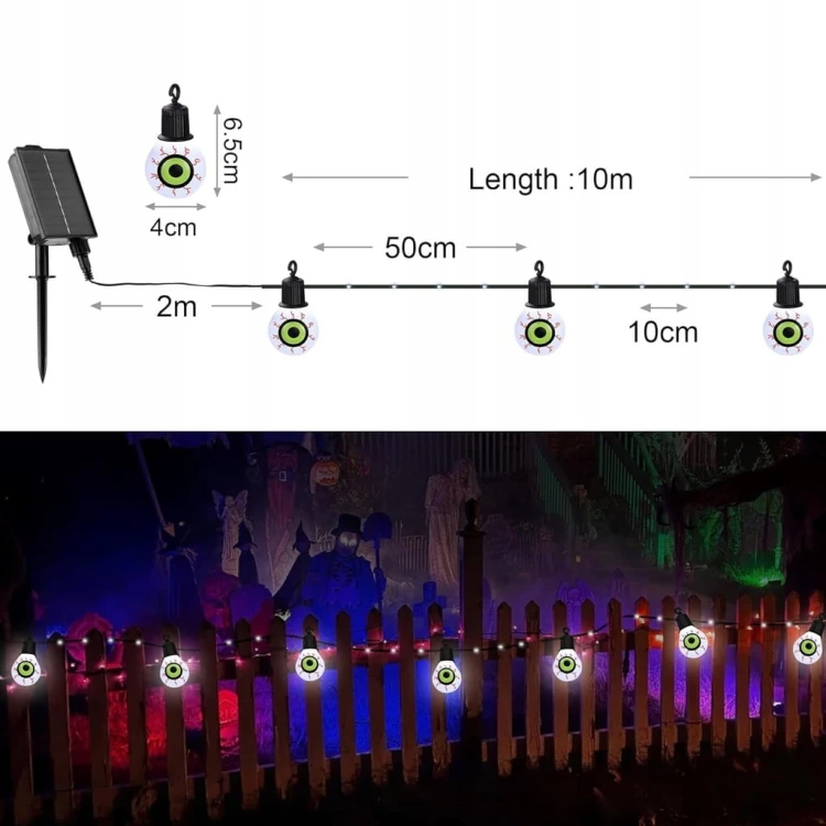 Girlanda solarna LED Halloween Oczy 10m 100 diod lampki wiszące łańcuch