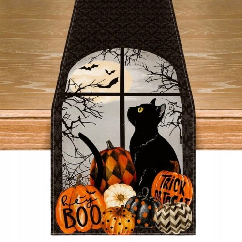 Bieżnik na stół Halloween 40x180 cm dynie czarny kot nietoperze dekoracja