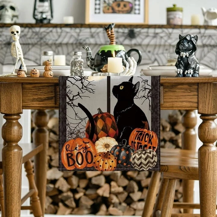 Bieżnik na stół Halloween 40x180 cm dynie czarny kot nietoperze dekoracja