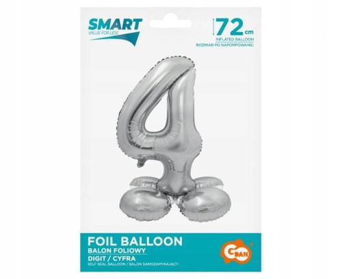 BALON foliowy SMART cyfra 4 cztery SREBRNA duża STOJĄCA 72 cm