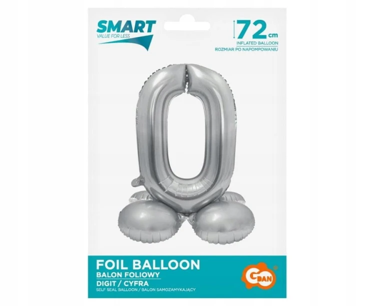 BALON foliowy SMART cyfra 0 SREBRNA duża STOJĄCA 72 cm