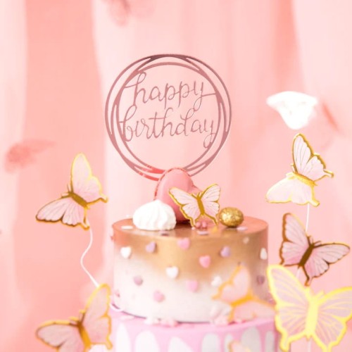 TOPPER na tort HAPPY BIRTHDAY różowe złoto okrągły LUSTRZANY URODZINY rose