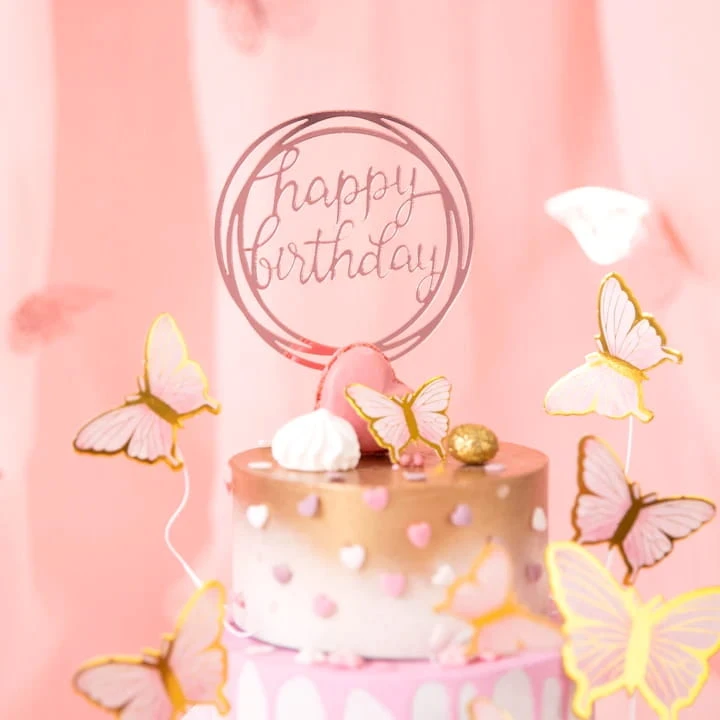 TOPPER na tort HAPPY BIRTHDAY różowe złoto okrągły LUSTRZANY URODZINY rose