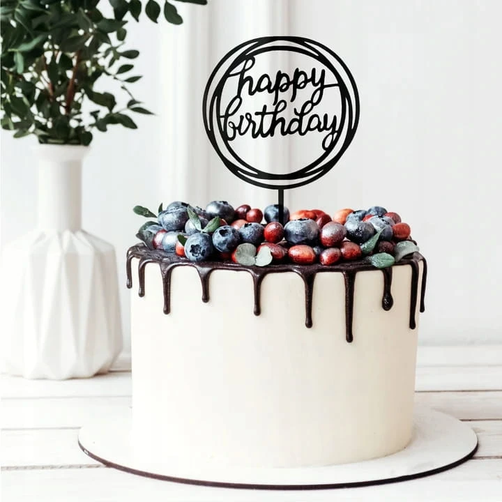 TOPPER na tort HAPPY BIRTHDAY czarny OKRĄGŁY dekoracja AKRYLOWY URODZINY