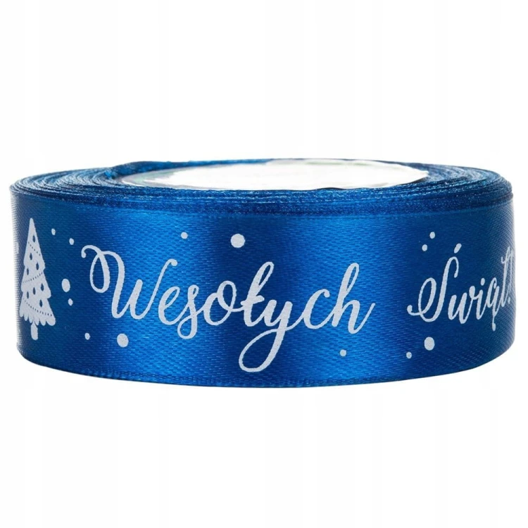 Tasiemka WSTĄŻKA satynowa NIEBIESKA napis Wesołych Świąt OZDOBA 25mm x 23 m