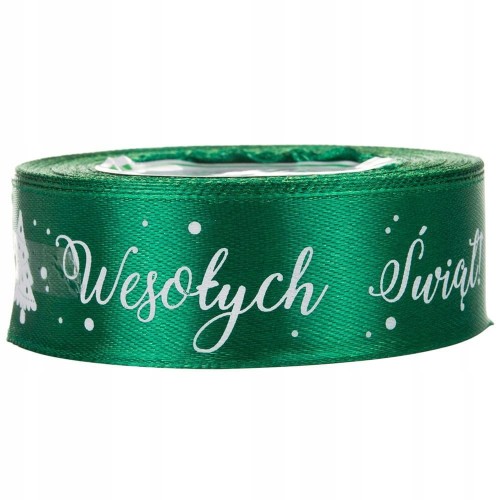 Tasiemka WSTĄŻKA satynowa ZIELONA napis Wesołych Świąt OZDOBA 25mm x 23 m