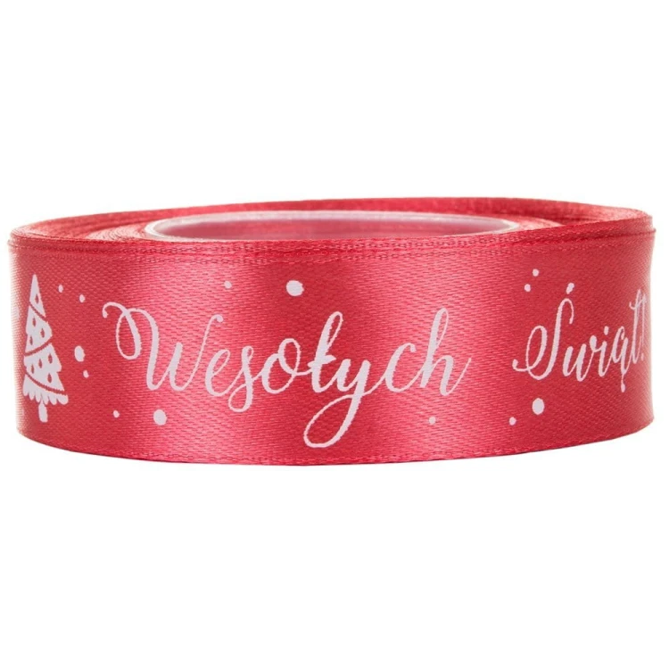 Tasiemka WSTĄŻKA satynowa CZERWONA napis Wesołych Świąt OZDOBA 25mm x 23 m