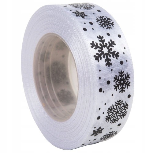 Tasiemka WSTĄŻKA satynowa BIAŁA Śnieżynki OZDOBA 25mm x 23 m