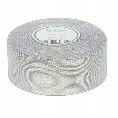 Tasiemka WSTĄŻKA świąteczna BROKATOWA srebrna OZDOBA 38 mm x 32 m