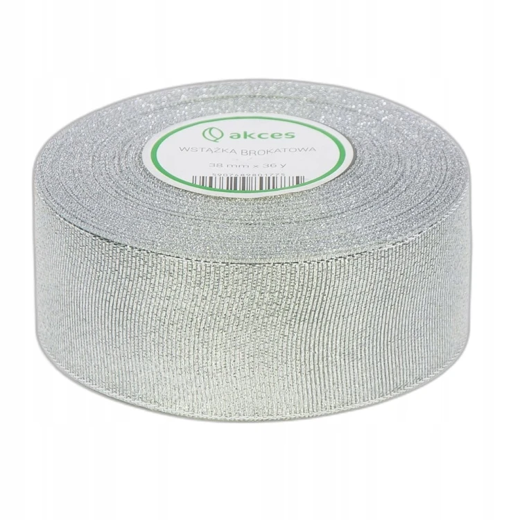 Tasiemka WSTĄŻKA świąteczna BROKATOWA srebrna OZDOBA 38 mm x 32 m