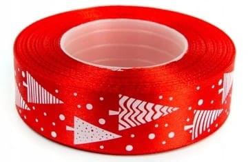 Tasiemka WSTĄŻKA satynowa CZERWONA nadruk choinki OZDOBA 25mm x 23 m