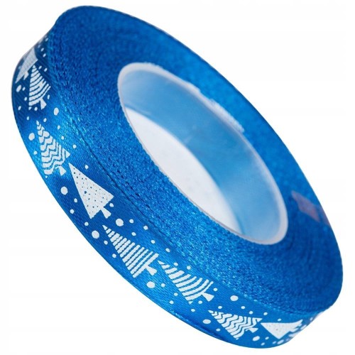 Tasiemka WSTĄŻKA satynowa NIEBIESKA nadruk CHOINKI OZDOBA 12mm x 23 m