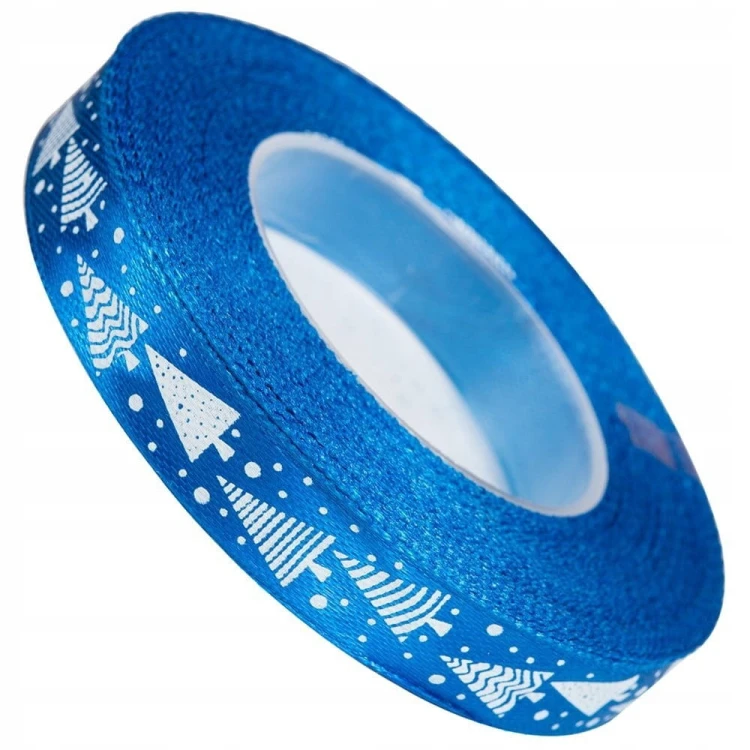 Tasiemka WSTĄŻKA satynowa NIEBIESKA nadruk CHOINKI OZDOBA 12mm x 23 m