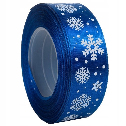 Tasiemka WSTĄŻKA satynowa NIEBIESKA Śnieżynki OZDOBA 25mm x 23 m