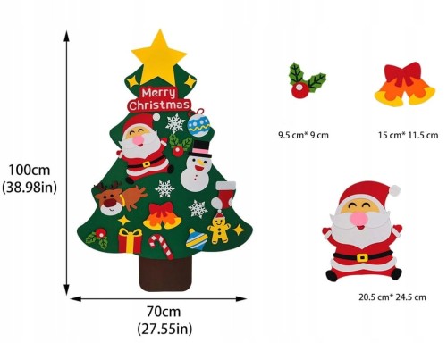 CHOINKA Z FILCU NA RZEPY DIY DLA DZIECI 100X70 CM OZDOBY ŚWIĄTECZNE ZESTAW
