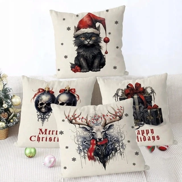 4x Poszewka Świąteczna na Poduszkę jasiek 40x40 cm kot czaszka Jeleń zestaw