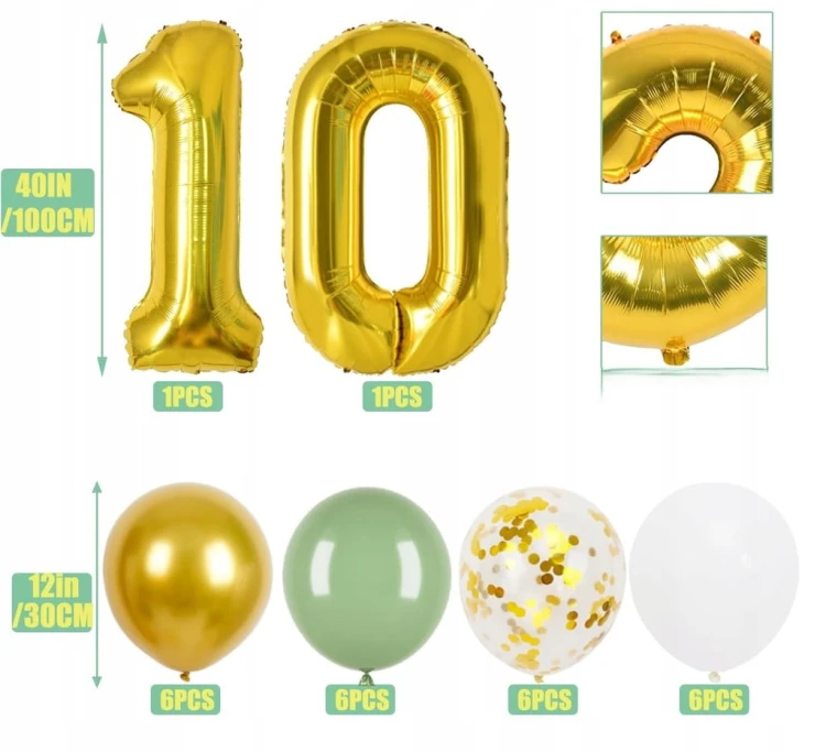 Dekoracje urodzinowe 10 urodziny balony girlanda zielono-złote Zestaw 24szt