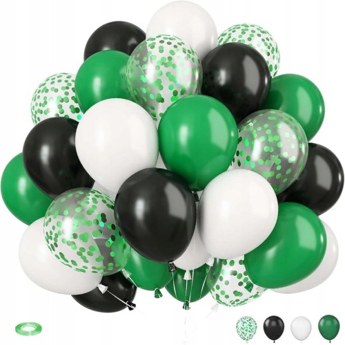 Balony zielone czarne białe 30 szt. konfetti dekoracja urodziny piłka nożna