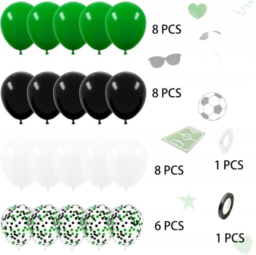 Balony zielone czarne białe 30 szt. konfetti dekoracja urodziny piłka nożna