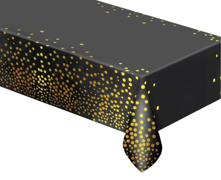OBRUS foliowy czarny złote GROSZKI dekoracja 183 cm x 137 cm