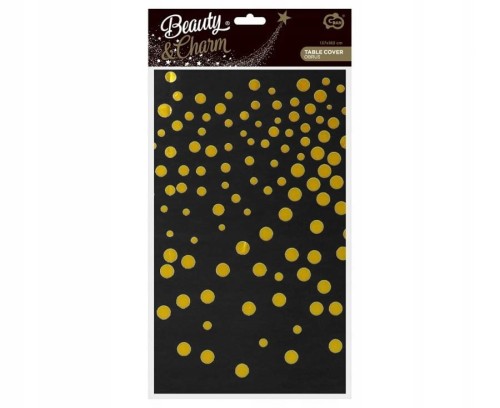 OBRUS foliowy czarny złote GROSZKI dekoracja 183 cm x 137 cm