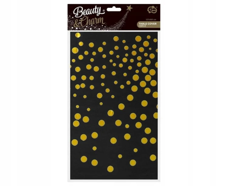 OBRUS foliowy czarny złote GROSZKI dekoracja 183 cm x 137 cm