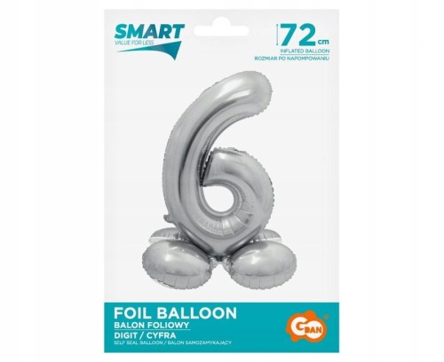 BALON foliowy SMART cyfra 6 SREBRNA duża STOJĄCA 72 cm