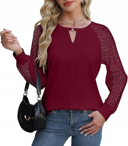 Elegancka Bluzka Damska z Koronką V-Neck Długi Rękaw Stylowa i Kobieca S