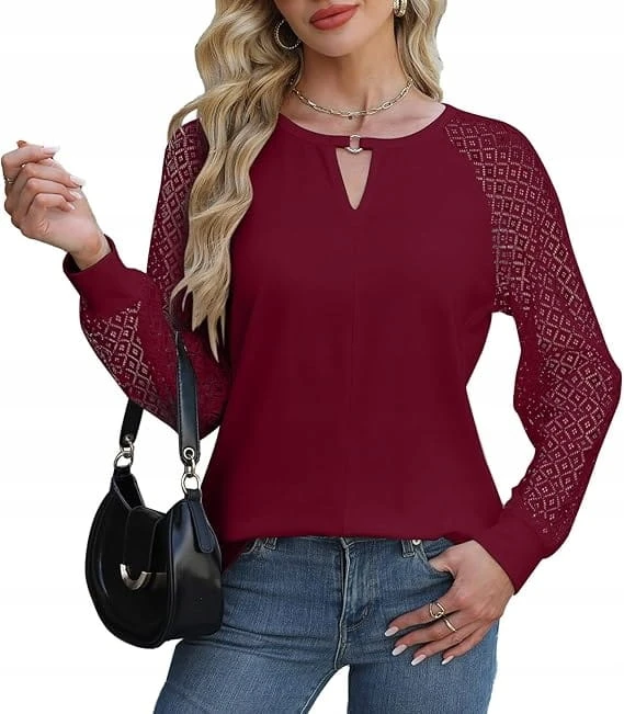Elegancka Bluzka Damska z Koronką V-Neck Długi Rękaw Stylowa i Kobieca S