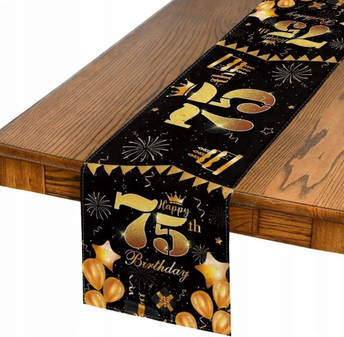 Bieżnik na 75 urodziny urodzinowy 40x180cm napisy czarny złoty
