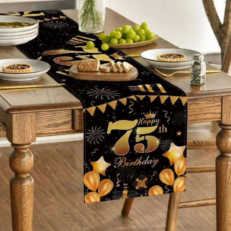 Bieżnik na 75 urodziny urodzinowy 40x180cm napisy czarny złoty