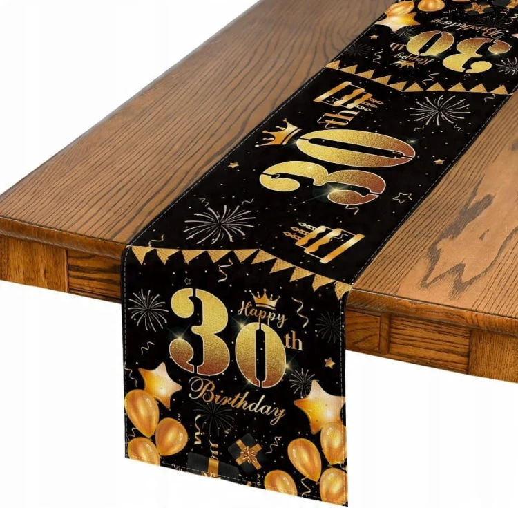 Bieżnik na 30 urodziny urodzinowy 40x140cm trzydziestka napisy czarny złoty