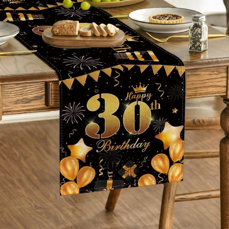 Bieżnik na 30 urodziny urodzinowy 40x140cm trzydziestka napisy czarny złoty