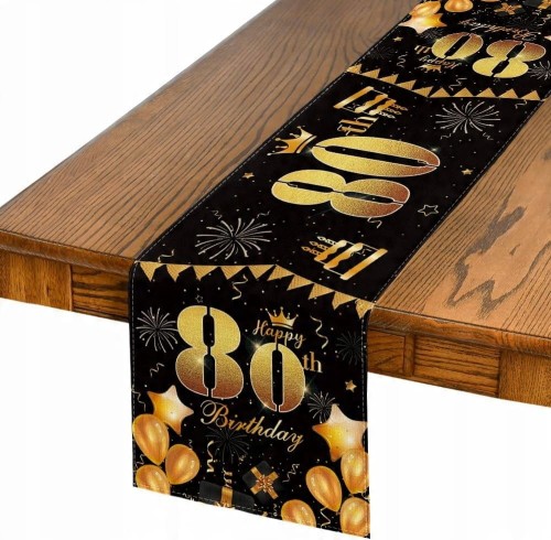 Bieżnik na 80 urodziny urodzinowy 40x180cm napisy czarny złoty