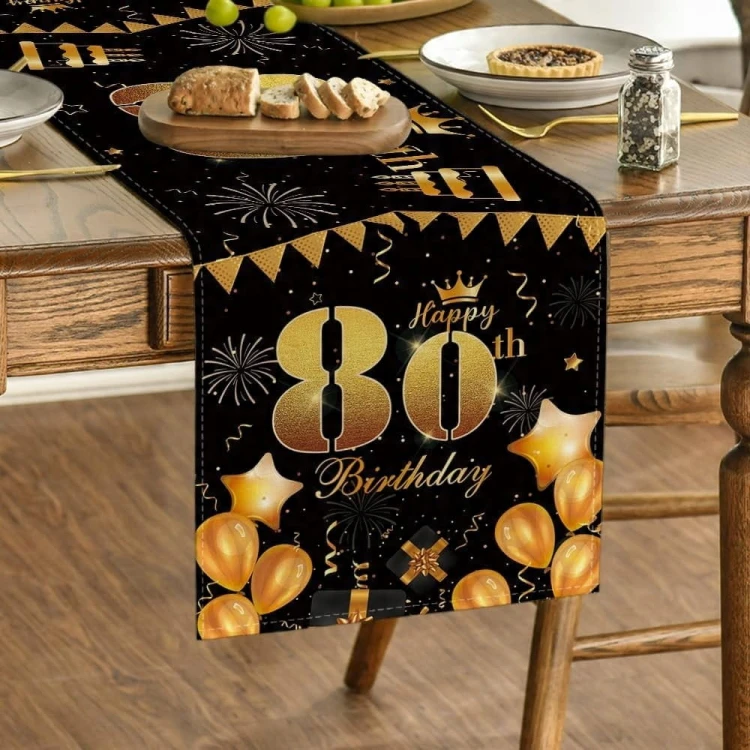 Bieżnik na 80 urodziny urodzinowy 40x180cm napisy czarny złoty