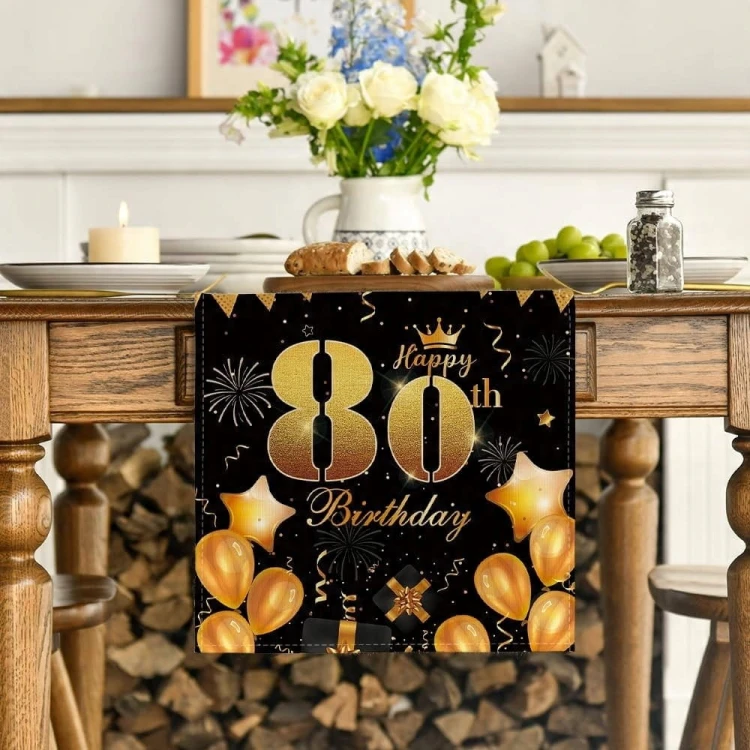 Bieżnik na 80 urodziny urodzinowy 40x180cm napisy czarny złoty