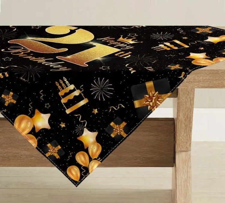 Obrus na 21 urodziny urodzinowy 85x85cm kwadrat napisy czarny złoty