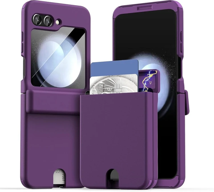 Samsung Galaxy Z Flip 5 Etui Portfelowe + Folia Ochrona 360 Karty fioletowe