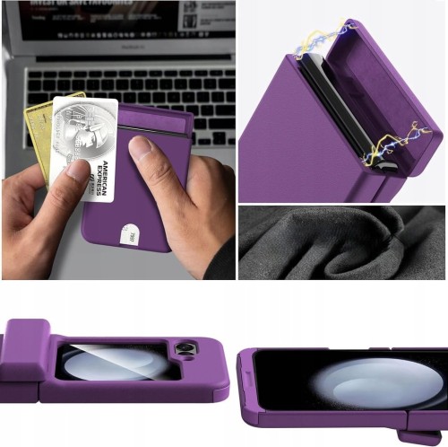 Samsung Galaxy Z Flip 5 Etui Portfelowe + Folia Ochrona 360 Karty fioletowe
