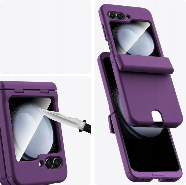 Samsung Galaxy Z Flip 5 Etui Portfelowe + Folia Ochrona 360 Karty fioletowe